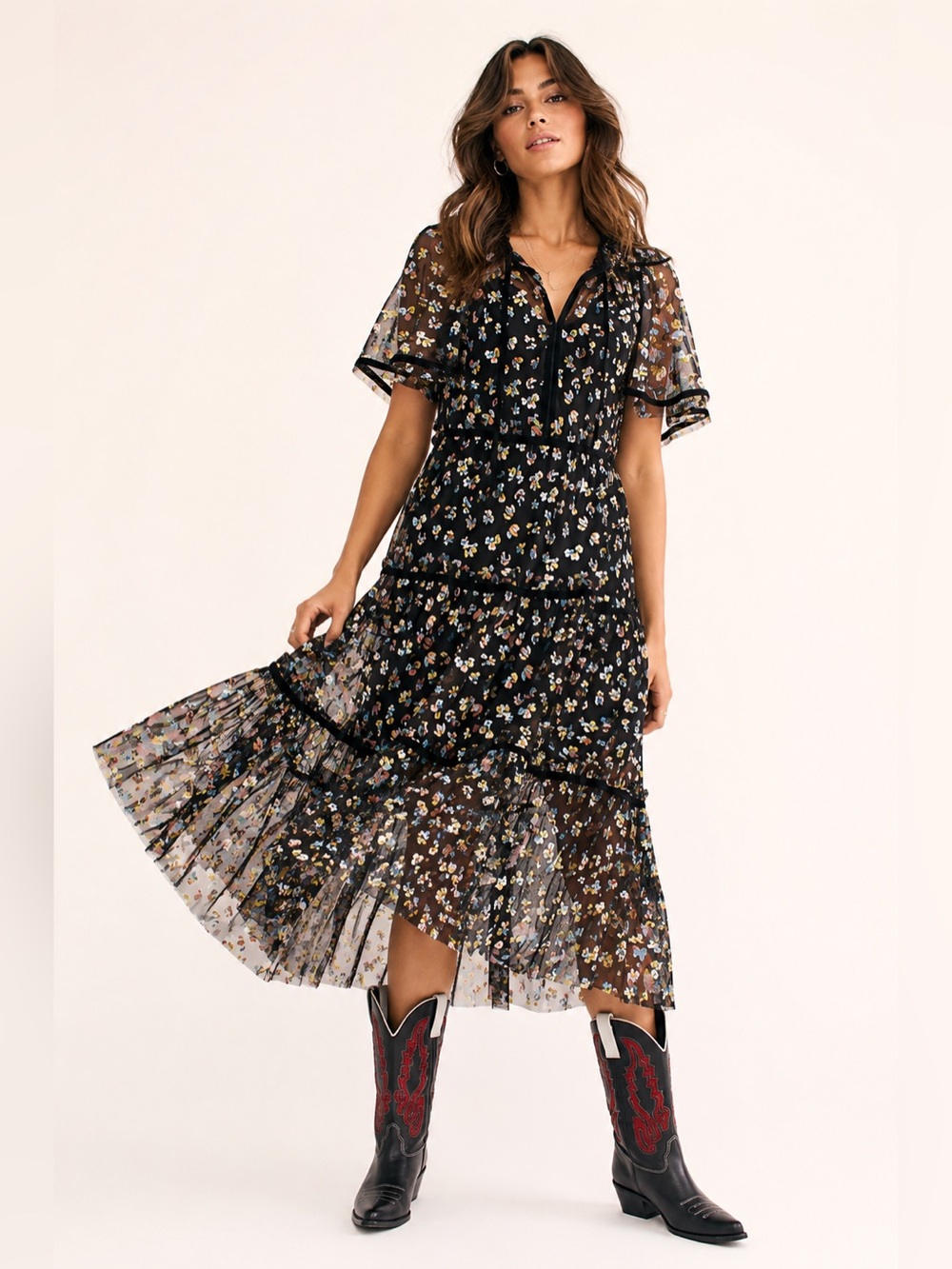 Free People Black Floral Print Mesh Tiered Flutter Sleeve Midi Dress XS